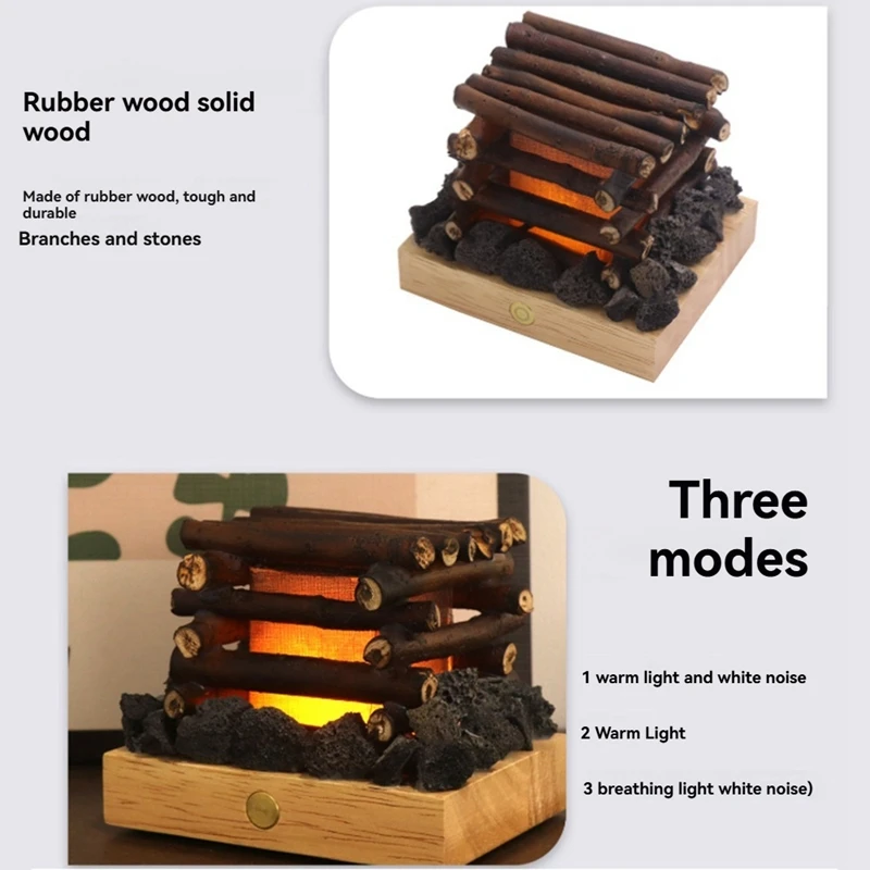 ABHU ضوء ليلي مزيف على النار USB قابل لإعادة الشحن 3 أوضاع LED أضواء ليلية لإشعال النار المزيفة مع ضوضاء بيضاء