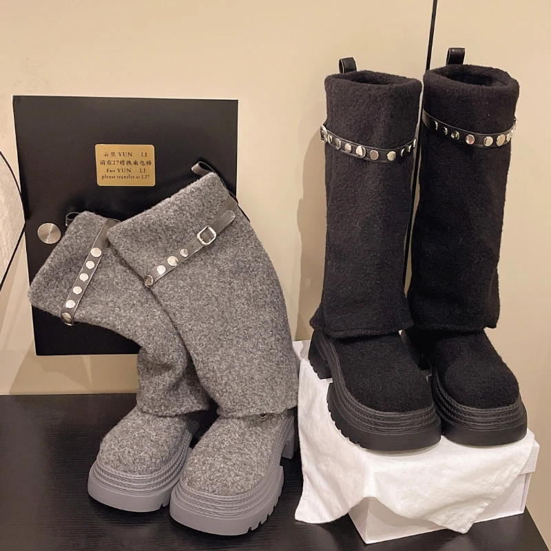 

Зимние модные женские сапоги до колена на платформе, туфли без шнуровки в стиле панк, увеличивающие рост, длинные рыцарские ботинки