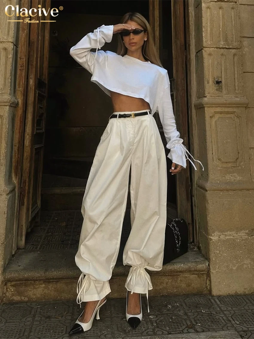 Clacive moda solta bege algodão calças femininas 2026 casual cintura alta lápis calças elegantes clássicas roupas femininas