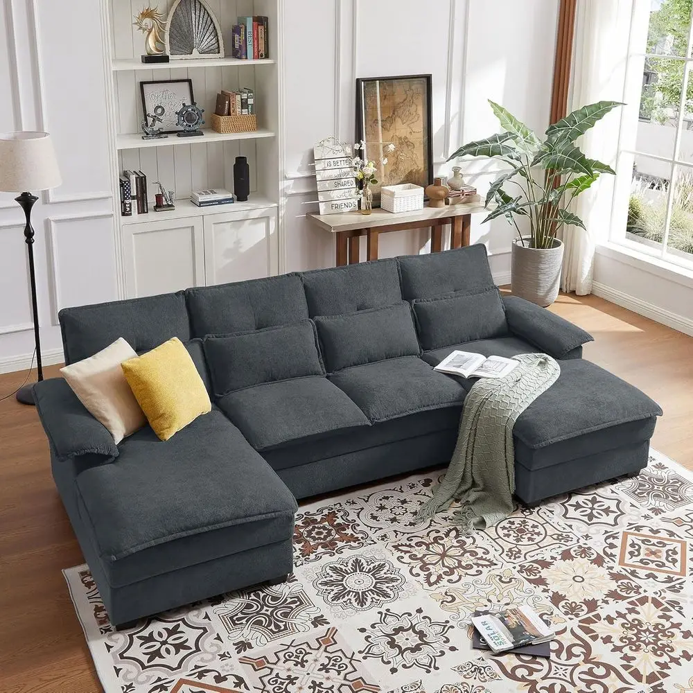 

U-Shaped Cloud-Inspired Sectional Sofa with Double Chaise, Deep Seating, and Lumbar Pillows, Ideal for Living Rooms or Offices,