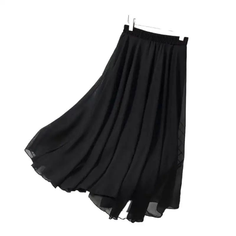 Wiosenna jesienna moda damska plisowana spódnica damska z wysokim stanem czarna różowa czerwona żółta, długa sukienka szyfonowe spódnice maxi szata femme — zdjęcie 2