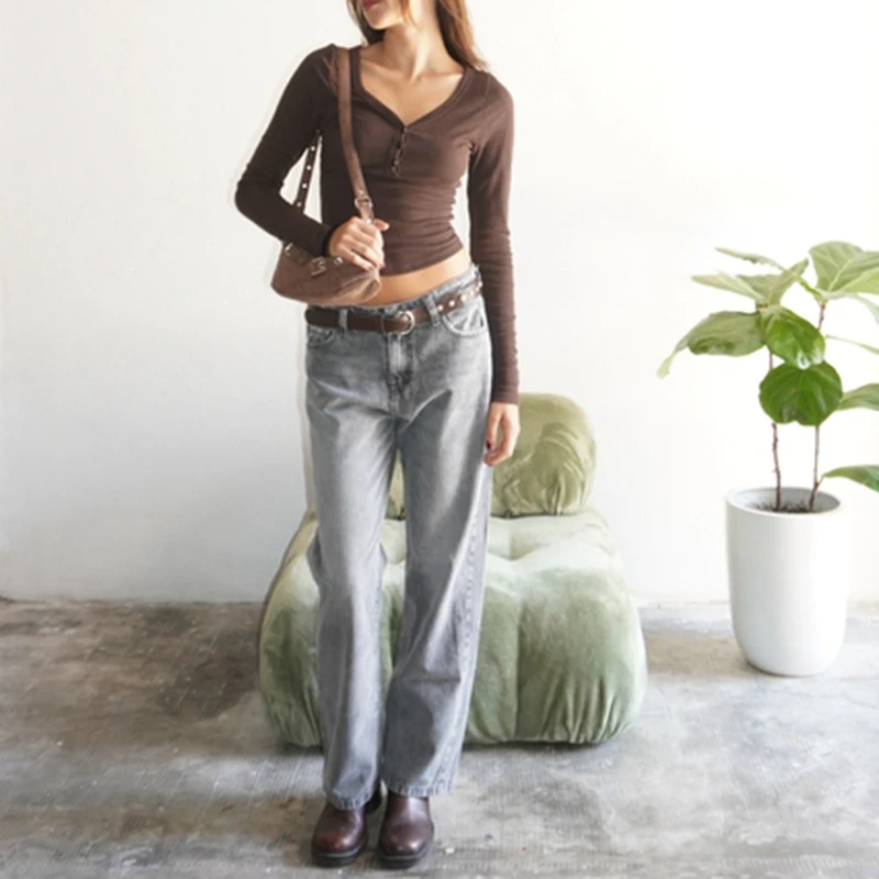 Women's Y2K V-Neck Buttons Front Basic Tee Shirts Long Sleeve Fairy Grunge T-Shirts Plain Henley Slim Ribbed Elegant Crop Tops