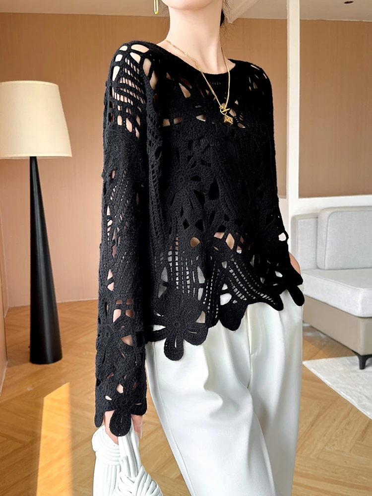 New Arrivals Women's Pullover Knitted Openwork Embroidery Crew Neck 100% Cashmere 2025 Loose Outerwear Layering