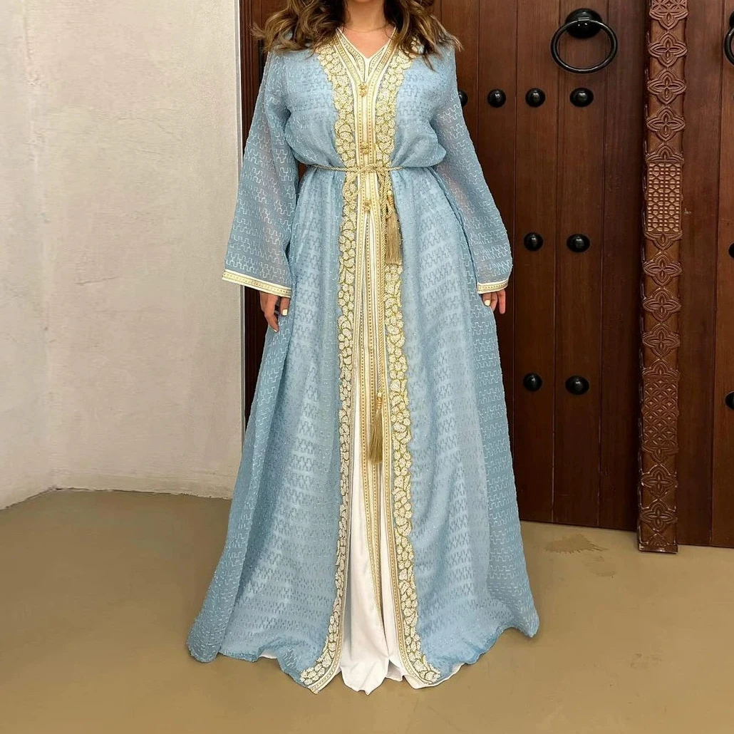 

Middle Eastern Muslim women's robe embroidery and rhinestone two-piece set with fashionable waist cord-GZXX619