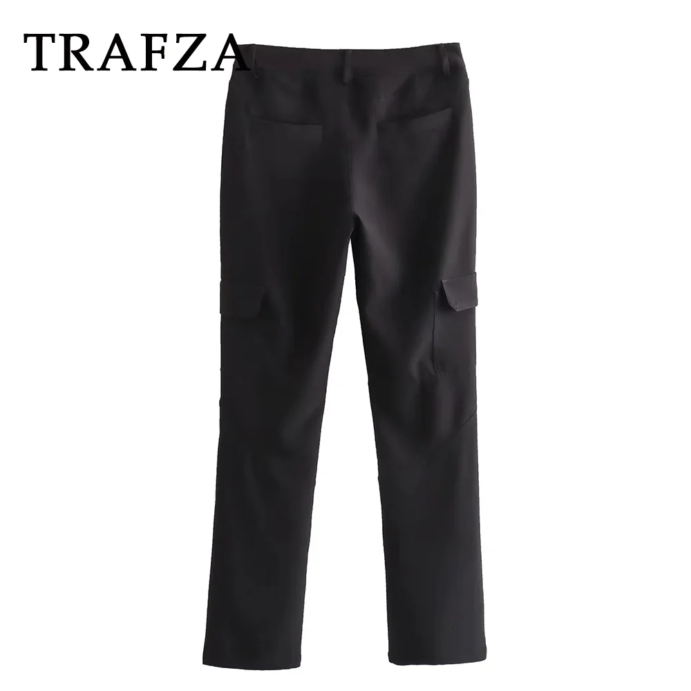 

TRAFZA 2023 Autumn Winter Women Safari Style Fake Zippers Cargo Pants Fashion Casual High Waist Solid Double Pockets Long Pants