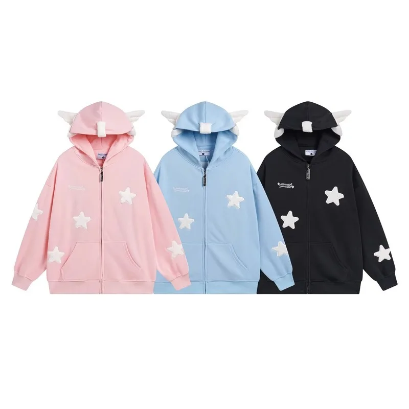 Y2k Streetwear Retro Star Zip Up Hoodies Women Men Fashion Brand Cardigan Jacket Printed Zipper Hoodies