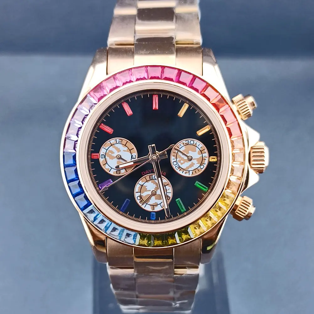 40mm VK63 movement 10barfa water case 316L Stainless steel sapphire glass case Colored diamond bezel close back cover