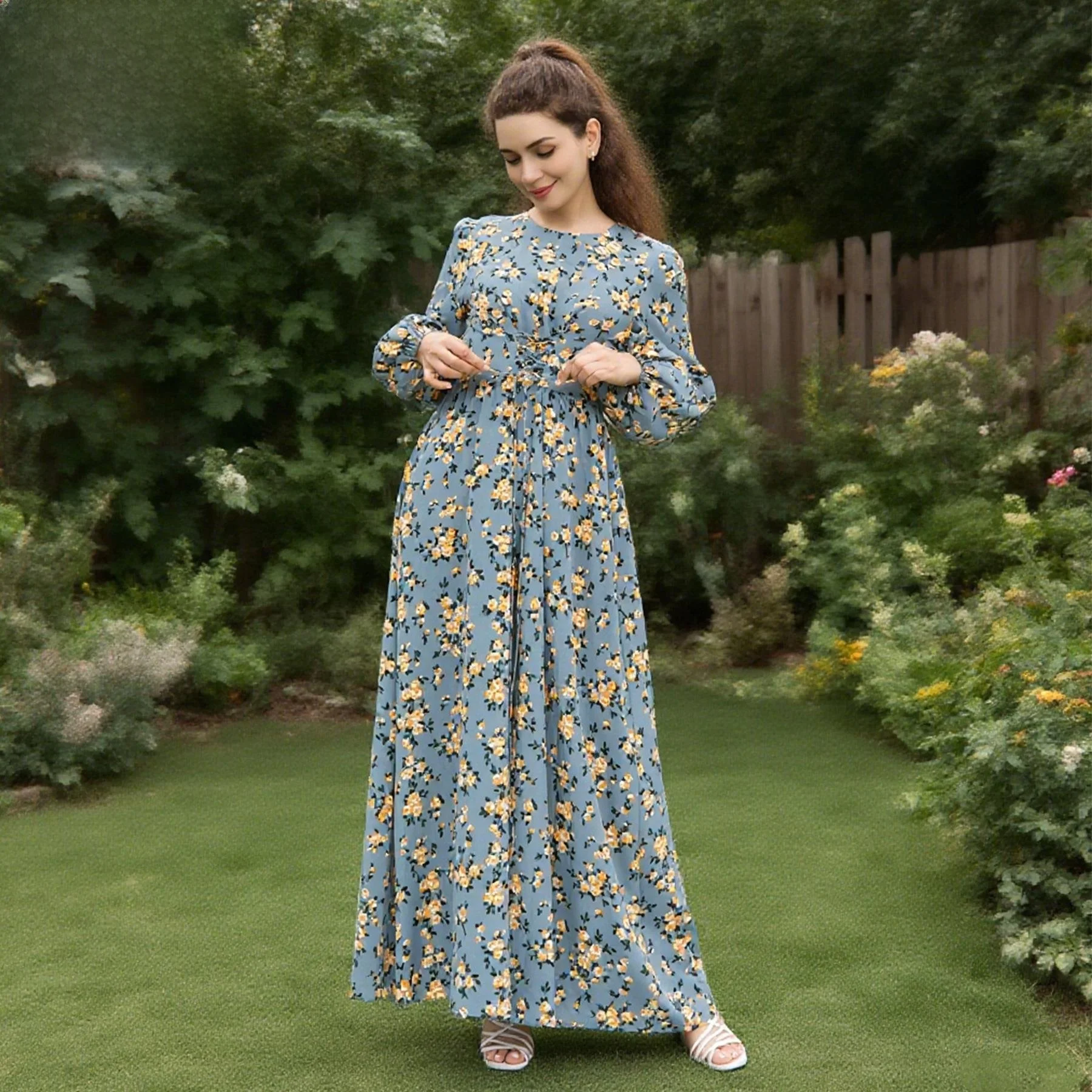 

Lo Pure Beau Floral Print Long Dr Waist-Cinched Ankle-Length Ele Series Autumn Long Sve Men's Faion Set