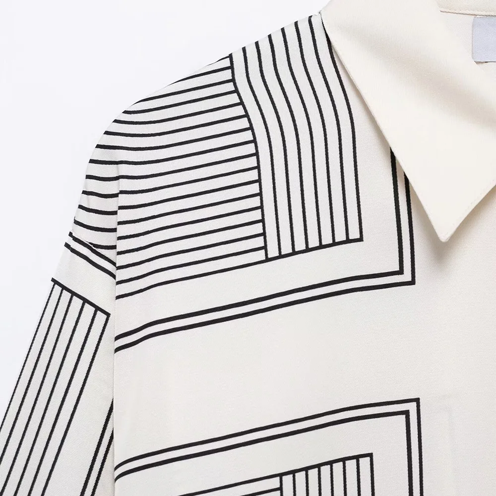 Stampa di linee geometriche simmetriche e strisce Camicia ampia semplice e versatile drappeggiata setosa in stile europeo e americano