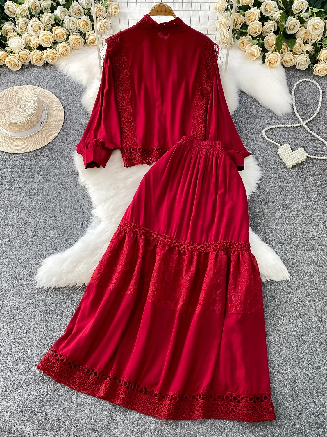 

Heavy Embroidery Lace Patchwork Long Sve Sun Protection irt Jaet Two Piece Set High Waist Slimming f Skirt