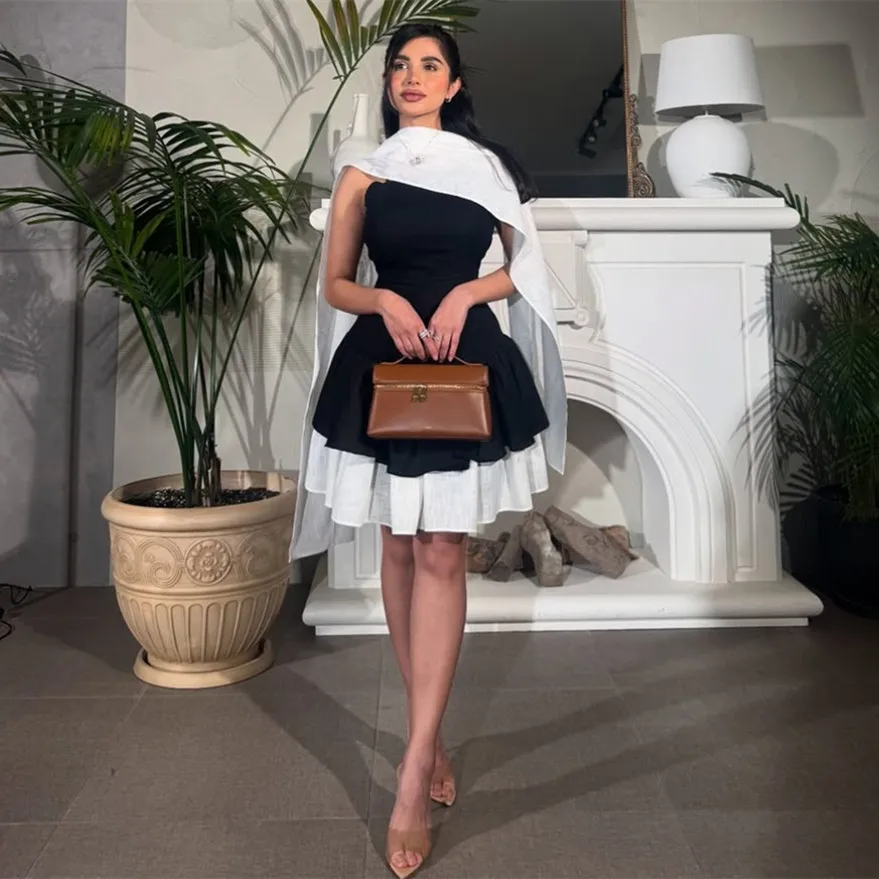 

Customized Short Black&White Evening Dresses with Ruffles A-Line Spaghetti Crepe فساتين سهرة Knee Length Prom Dress for Women