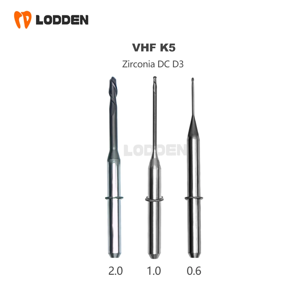 VHF K5 Dental Lab  Milling Burs for PMMA Zirconia Lithium Disilicate D3 Cutters 0.3/0.6/1.0/2.0 Diamond Grinding Tools