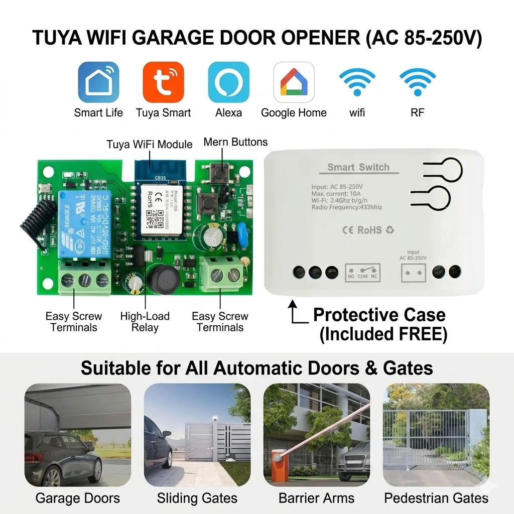 Tuya Smart Garagentor-Controller Öffner WLAN-Schalter 7-32V 220V RF 433MHz Fernbedienungsrelais Kompatibel mit Smart Life Alexa Google Home
