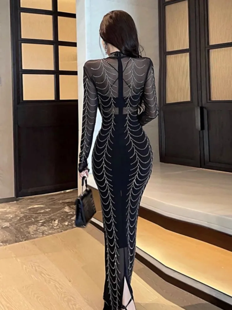 Topenomi Sexy Mesh Diamonds Night Evening Dresses Women Long Sleeve High Waist Slim Fit Floor Length Banquet Party Vestidos 2024