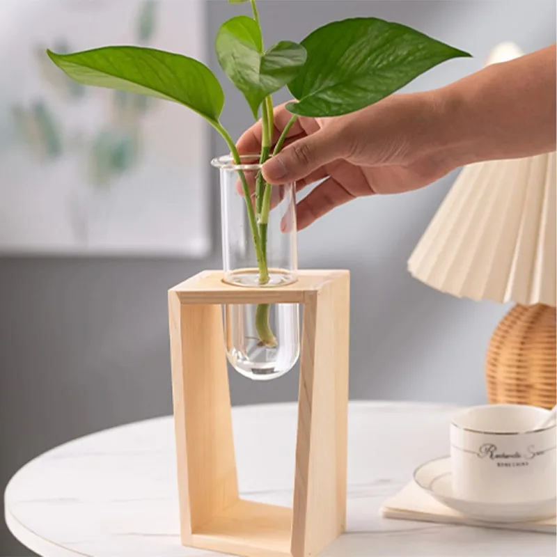 

Creative Hydroponic Plants Container With Wood Frame Desktop Ornament Transparent Glass Test Tube Vase Bonsai Home Decor