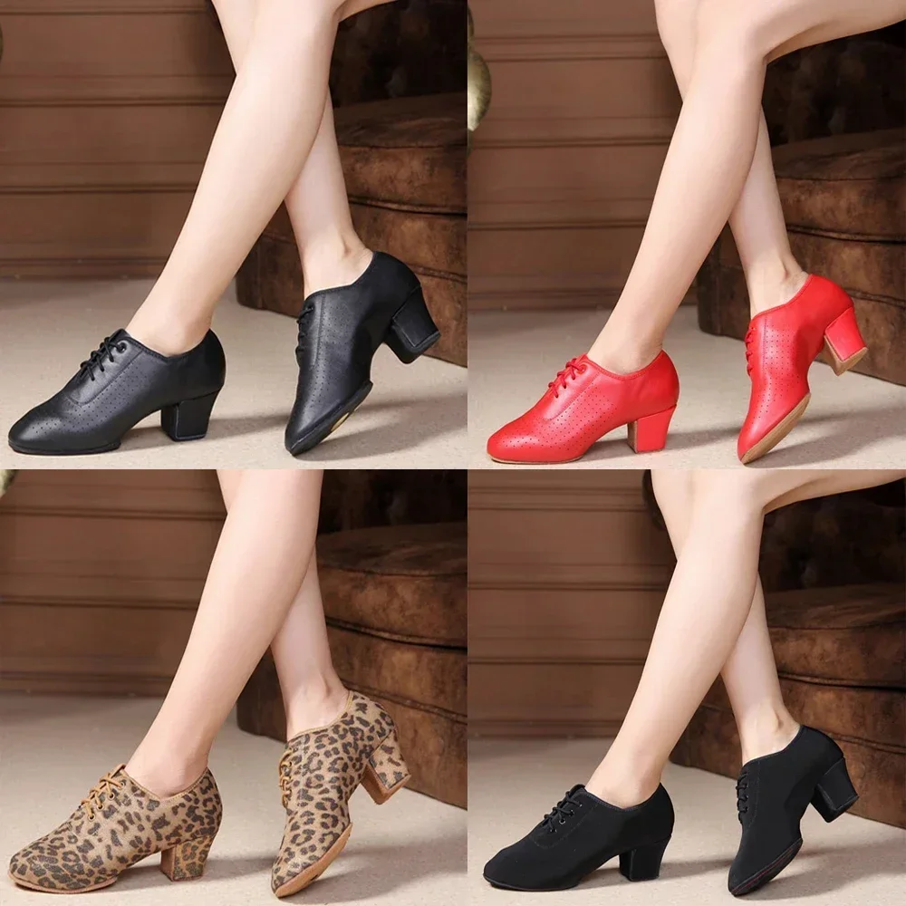 Zapatos de tacón medio de cuero de vaca para mujer, zapatos de baile de Tango, Flamenco, zapato de profesor, Vals, Tango, Foxtrot, zapatos de baile de paso rápido