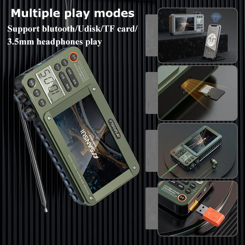 SANSUI-REPRODUCTOR DE vídeo y música F50 para exteriores, Radio FM/MW/SW HD de 4,3 pulgadas, tarjeta enchufable, altavoces inalámbricos portátiles recargables con Bluetooth