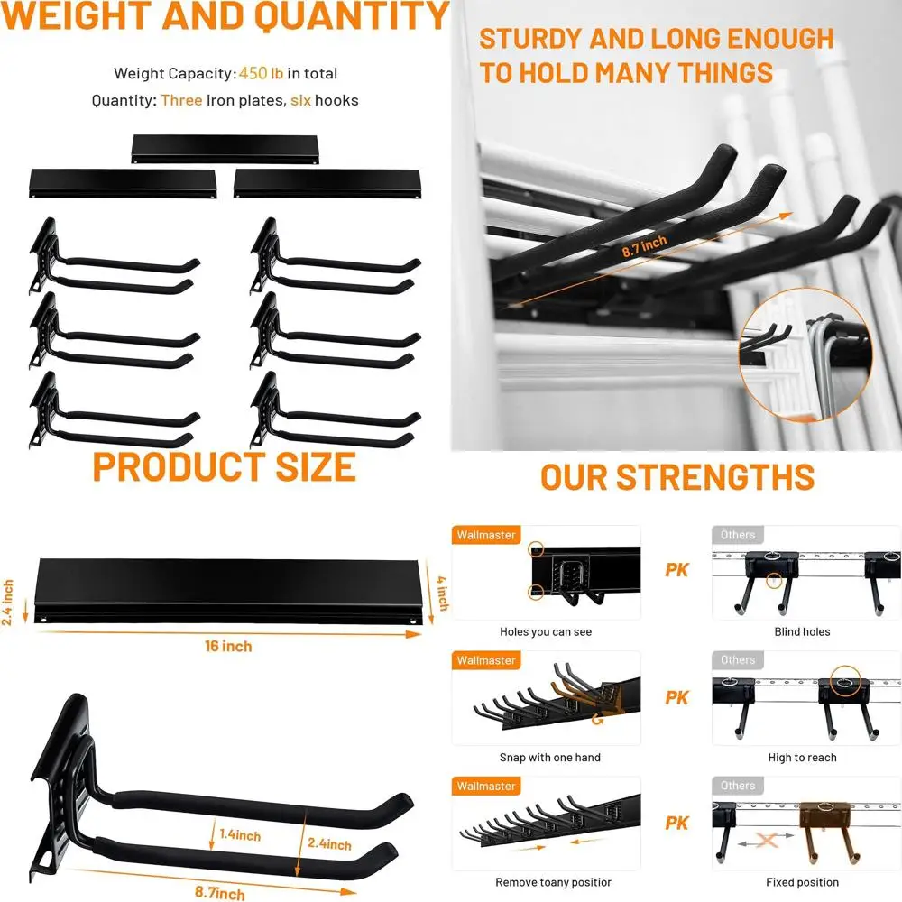 

Heavy-Duty Wall-Mounted Storage Rack with 6 Hooks for Garden Tools and Folding Chairs, 48 Track, Max Load 450 lbs