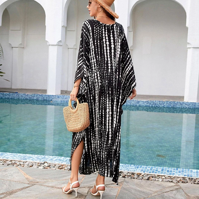 Chic Black and White Striped Kaftan Maxi Dresses Women Flowy and Breezy for Ultimate Comfort Caftan Beach Cover Ups Boho Vibe