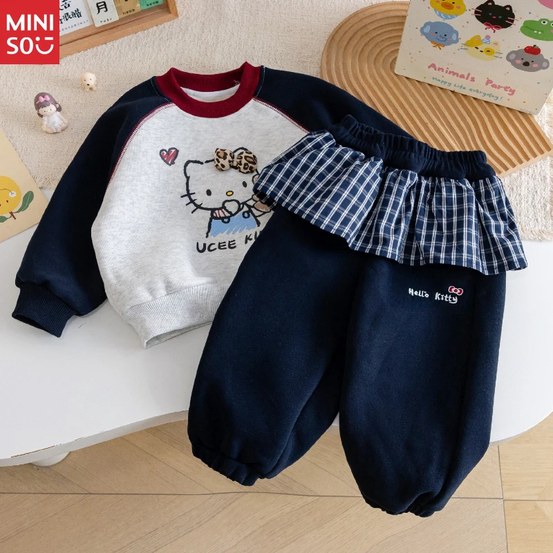 

Miniso Girls Winter Fleece Set, Hello Kitty Hoodie & Plaid Joggers, Cute Cartoon Two-Piece