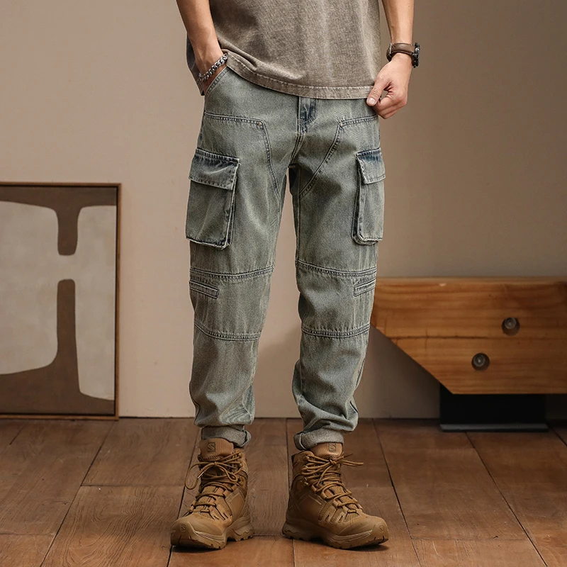 

Europe and America splicing casual retro and nostalgic multi pocket men's Harem jeans men clothing streetwear cargo men