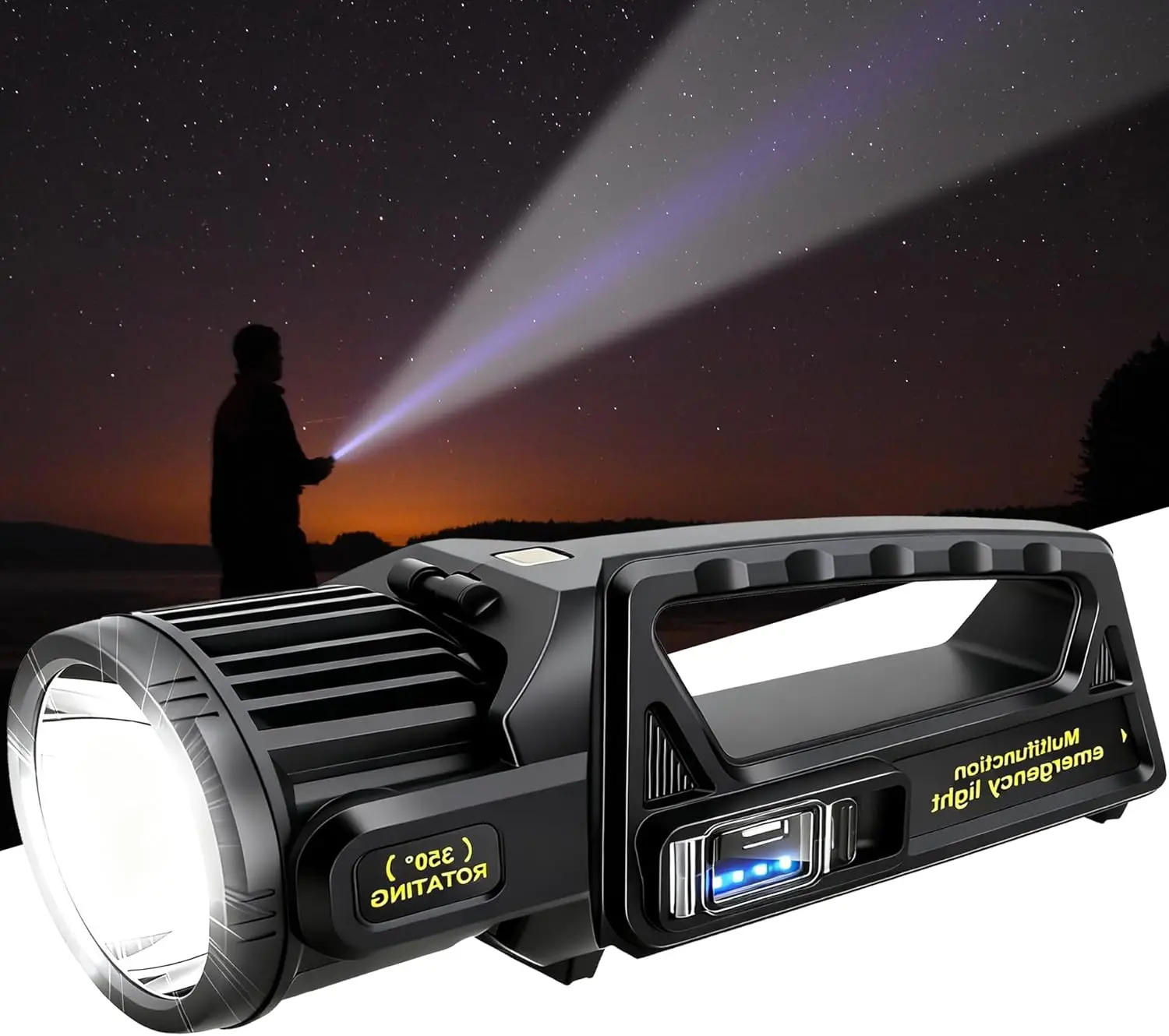

Rechargeable LED Spotlight with 350° Rotating Head, 9 Modes, Super Bright, IPX6 Waterproof for Outdoor Emergencies