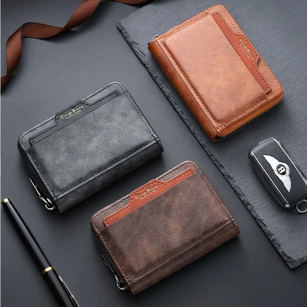 

PU leather men's short small wallet with multiple compartments, lightweight zipper and contrasting color coin purse