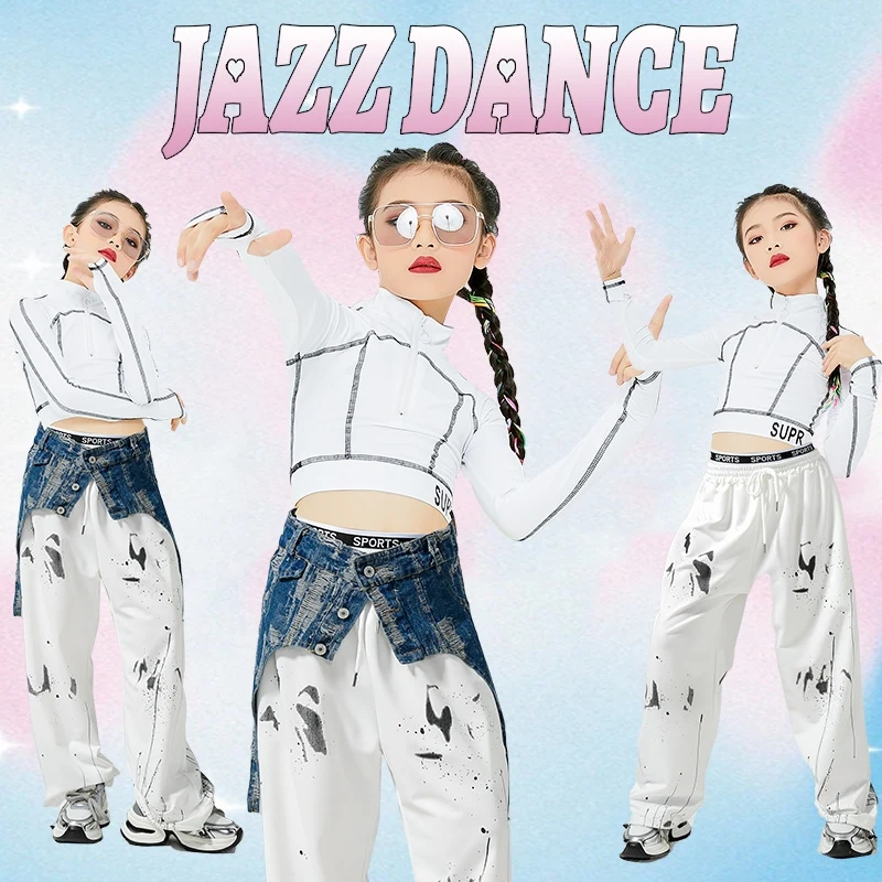 2023 Nieuwe Jazz Dans Kostuums Voor Kinderen Witte Crop Tops Losse Broek Pak Meisjes Hiphop Dance Podiumkleding Dqs15160