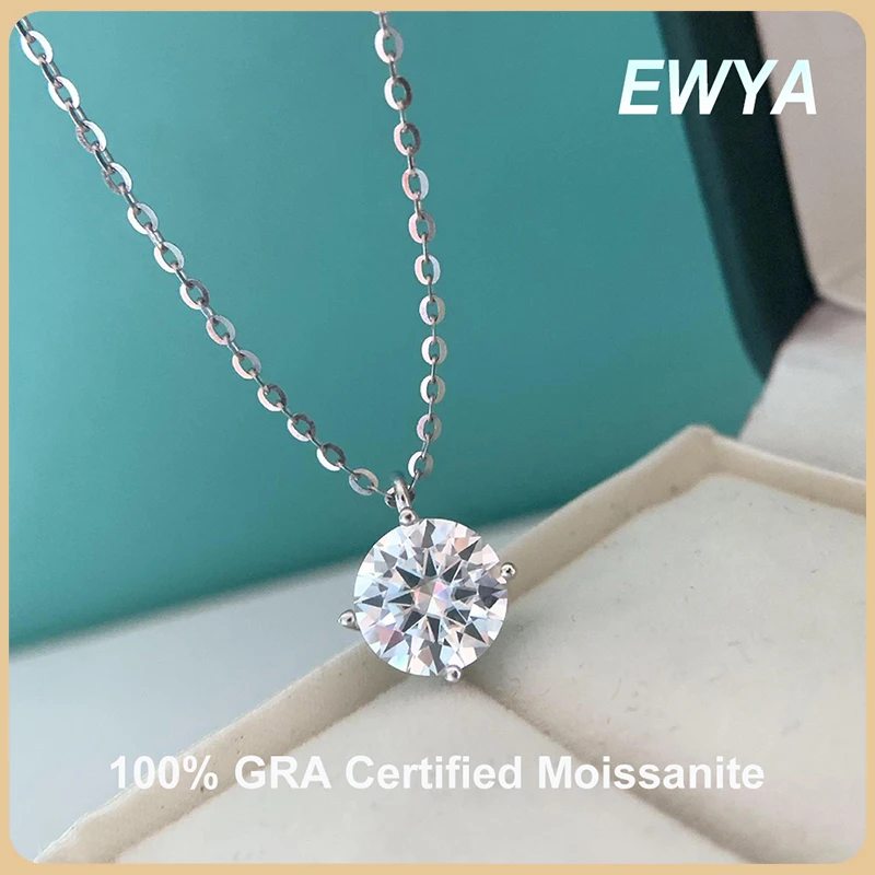 EWYA Real 1 2 Carat Moissanite Pendant Necklace for Women 100% 925 Sterling Silver Classic Round Diamond Necklace Fine Jewelry