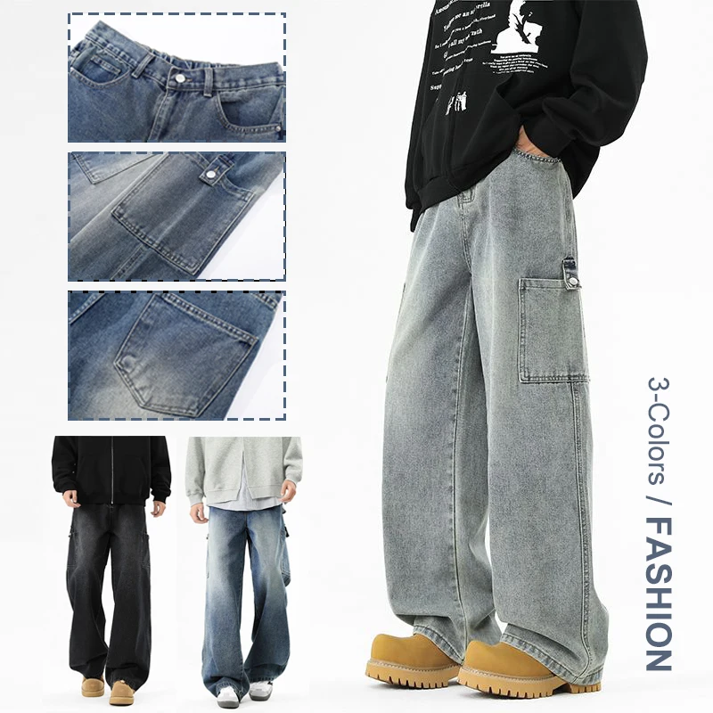 Mens Loose Wide Leg Cargo Jeans Vintage Washed Streetwear Denim Pants Multi-Color Utility Pockets Casual Trousers for Daily Wear