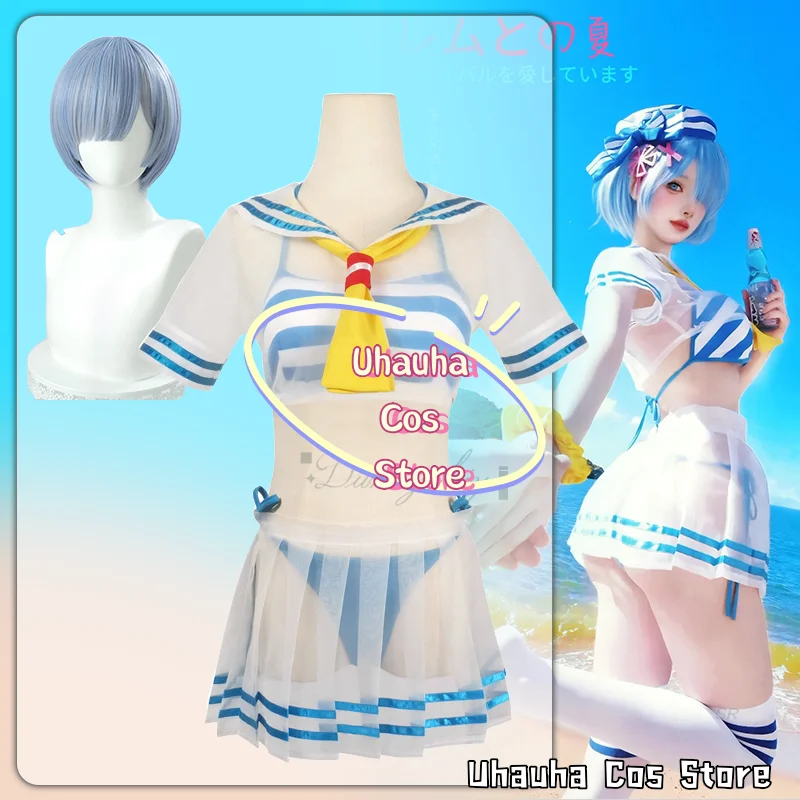 

Re:Life In A Different World From Zero Rem Cosplay Costume Girl Wig Cute Sailor Suit Kawaii Swimsuit Top Skirt For Halloween