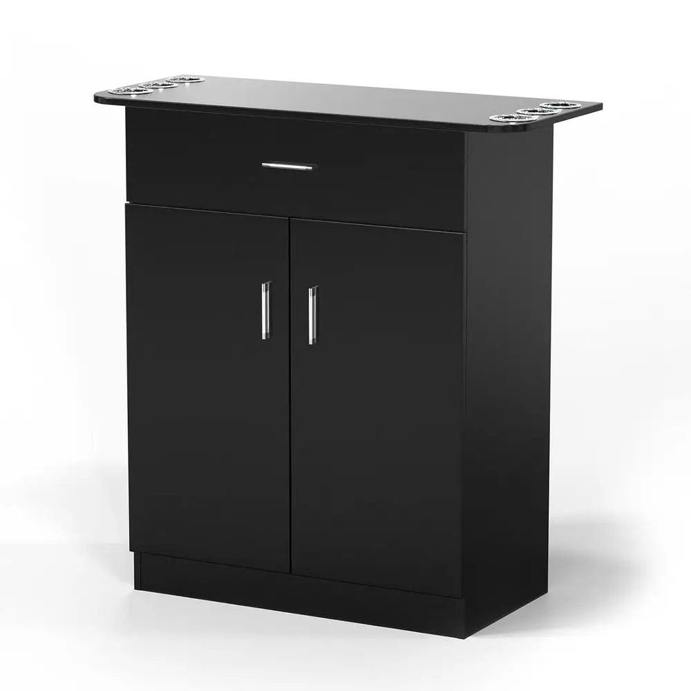 

Sleek Standing Hair Station with Storage, 6 Dryer Holders, and Styling Accessories in Black