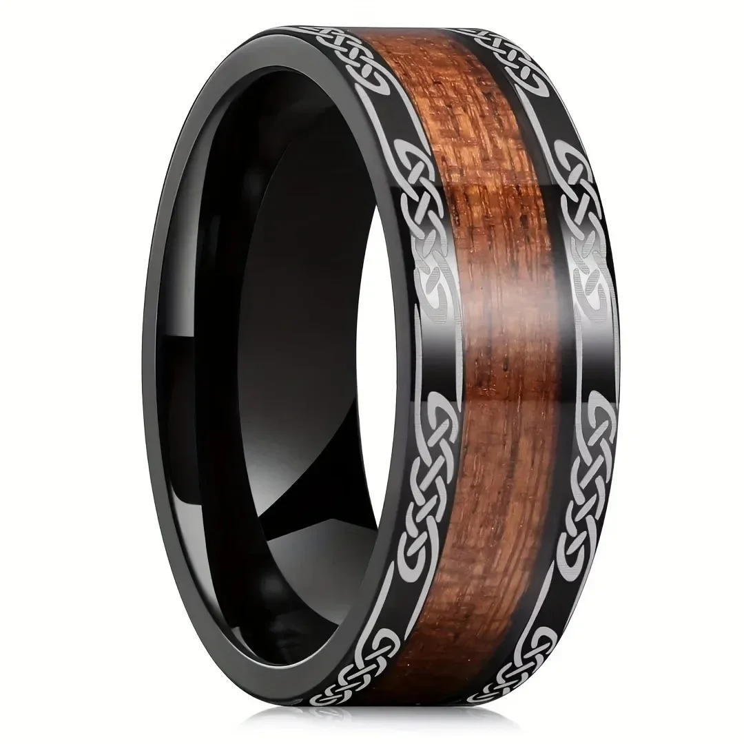 Men Fashion 8mm Stainless Steel Koa Wood Rings for Men Nordic Viking Infinity Intertwined Cross Celtic Knot Ring Wedding Jewelry