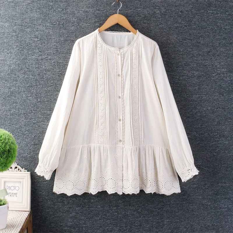 Spring Sweet Mori Girl Solid Color Embroidery Shirt  for Woman Long Sleeve Casual Cotton White Tops