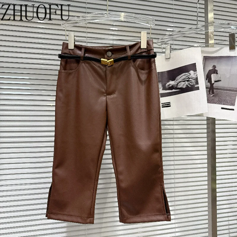 ZHUOFU Women High Waist PU Leather Capri Pants Sweet Cool Hot Girl Gold Buckle Belt Side Split Hem Flare Trousers Autumn New