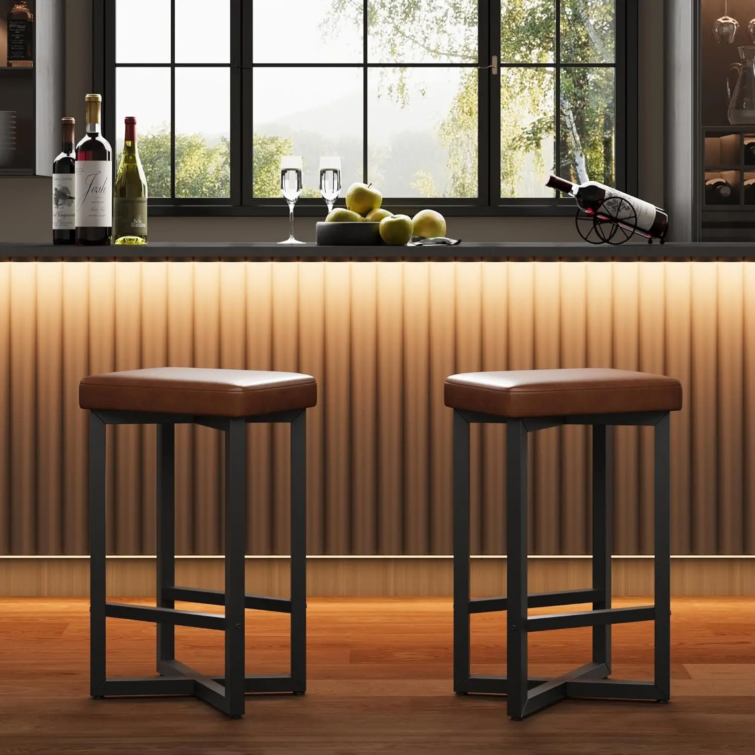 Garvee 2PCS Modern Backless Bar Stools Set of 2, 24.6" Counter Height, Black PU Leather Upholstered Metal X-Frame & Footrest For Kitchen Island & Home Bar Dining Room