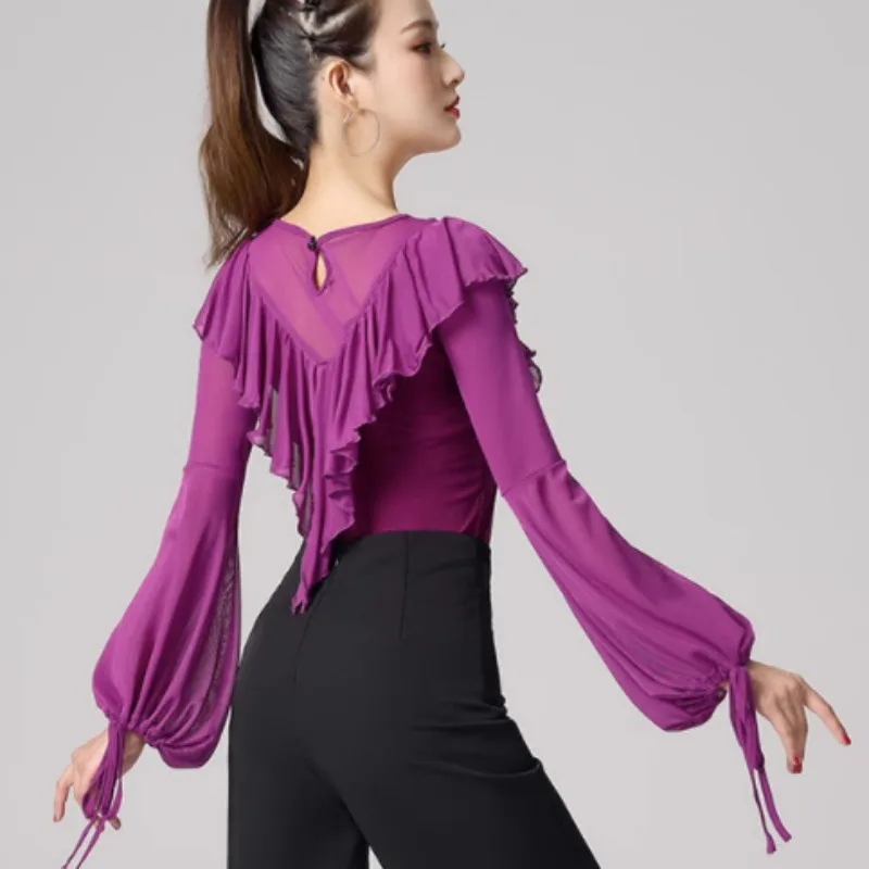 

customized Adult practice clothes modern dance jumpsuit round neck long sleeved Latin dance national standard dance lantern top