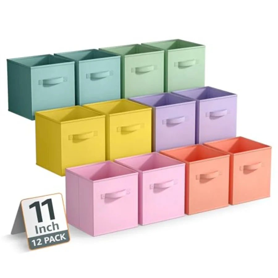 

Storage Bins - Sturdy Collapsible Fabric Storage Cubes with Handle - 12 Foldable Baskets for Organizing Clothes, Toys, Books -