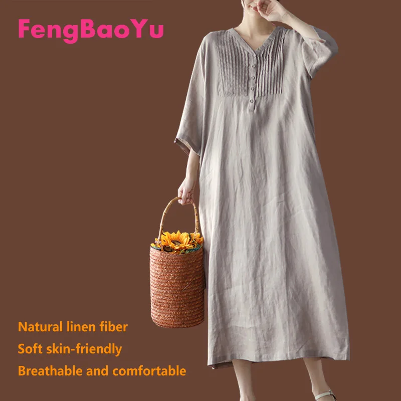 Fengbaoyu New Lady's Linen Dress Spring Summer V-collar High-waist Skirt  A-shaped Skirt Loose Pleated Elegant Women's Clothes