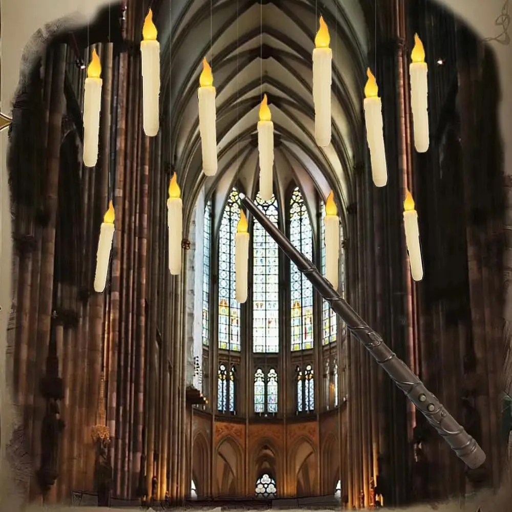 Cordless Flickering Candles Light with Magic Wand Plastic LED Floating Candles Light ‎Battery Powered Halloween Prop Night Light