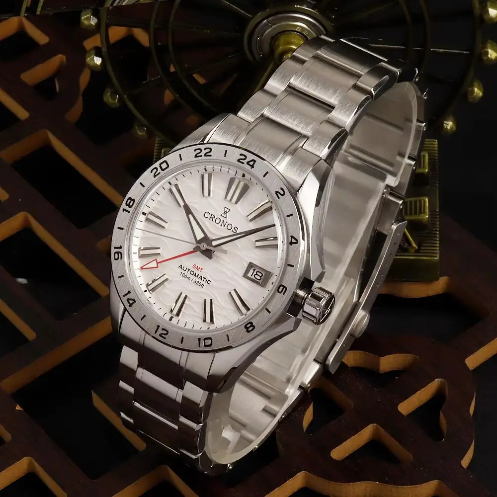 

CRONOS Мужские часы GMT 39 мм Автоматические механические наручные часы с сапфировым стеклом для дайвера 10 атм Водонепроницаемые BGW-9 Светящиеся NH34