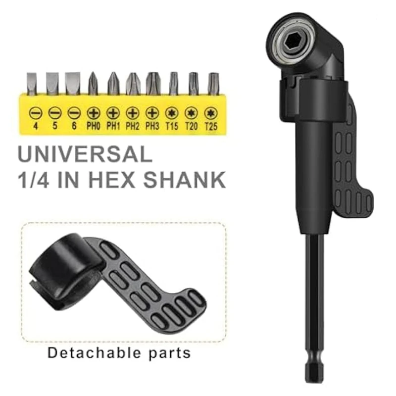 17個のフレキシブルドリルビットエクステンション、3個の回転可能なソケットアダプター、3個の直角ドリルアタッチメント、10個のドライバービット