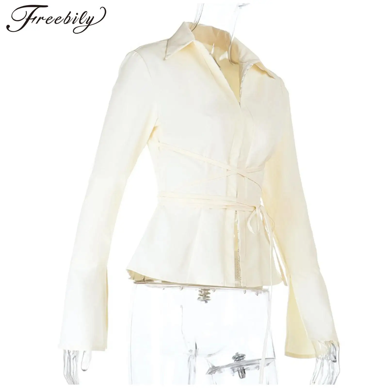 Lady Communting Clothes Womens Elegant Blouse Flared Slim Shirt Long Sleeve Lace-up Closure Tops Office Blouses Lady Clothing