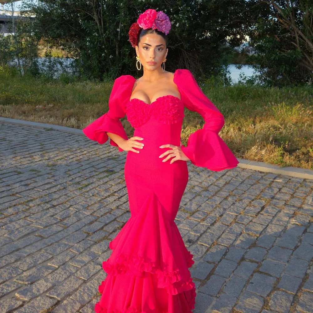 Gypsy Prom Dance Dress for Women Red Long Sleeves Formal Occasion Evening Dress Ceremony Party Gowns