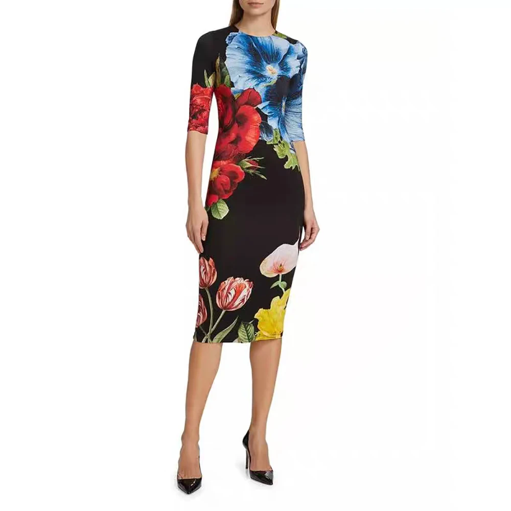 Fashion Floral Printing Women Dress Y2k Temperament Elegant Commuter Round Neck Long Sleeve Long Dresses 2024 Fall / Winter New