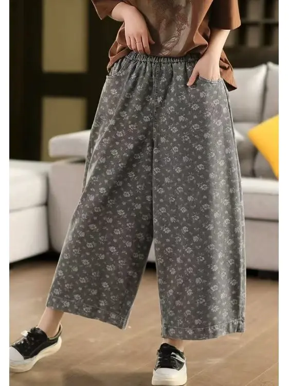 Women Retro Print Good Quality Cotton Jeans Summer Fashion Elastic Waist Slimming Fit Loose Casual Wide Leg Straight Denim Pants