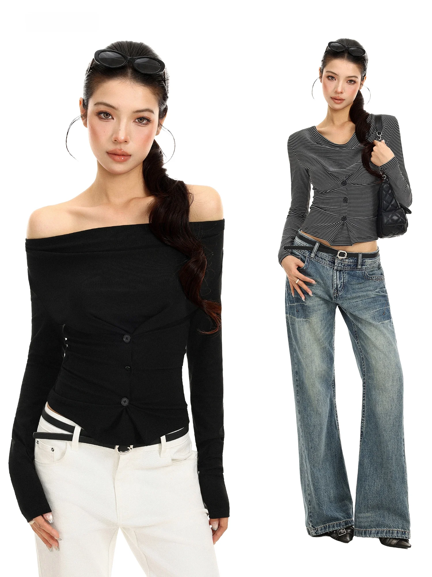 Biggold Shoulder-One Long Sleeve Women's T-shirt Slim Fit Short Style Belly Show Base Shirt Autumn Daily Wear Breathable Skin...