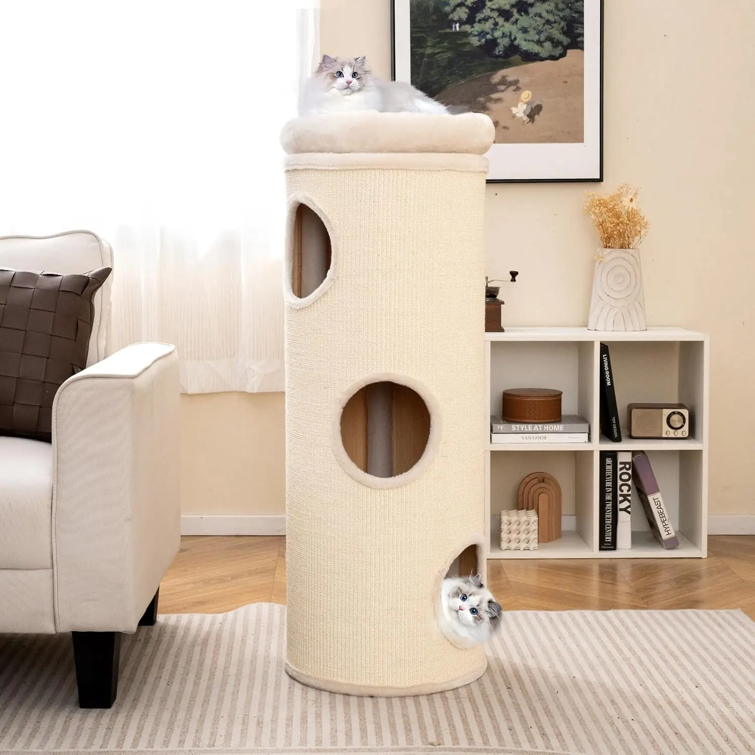 Indoor Wood & Sisal Cat Tree Condo, Detachable Scratching Board, 3 Hideaways, Removable Soft Top Plush Bed