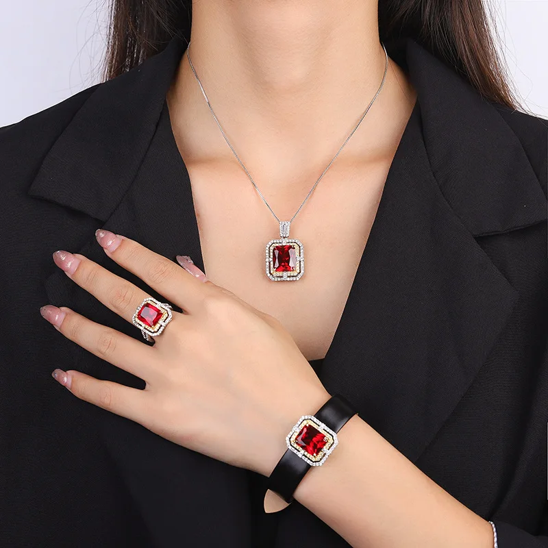 Jewelry Gold Plated Red Corundum Square Wrist Women's Set 12*16-12*14