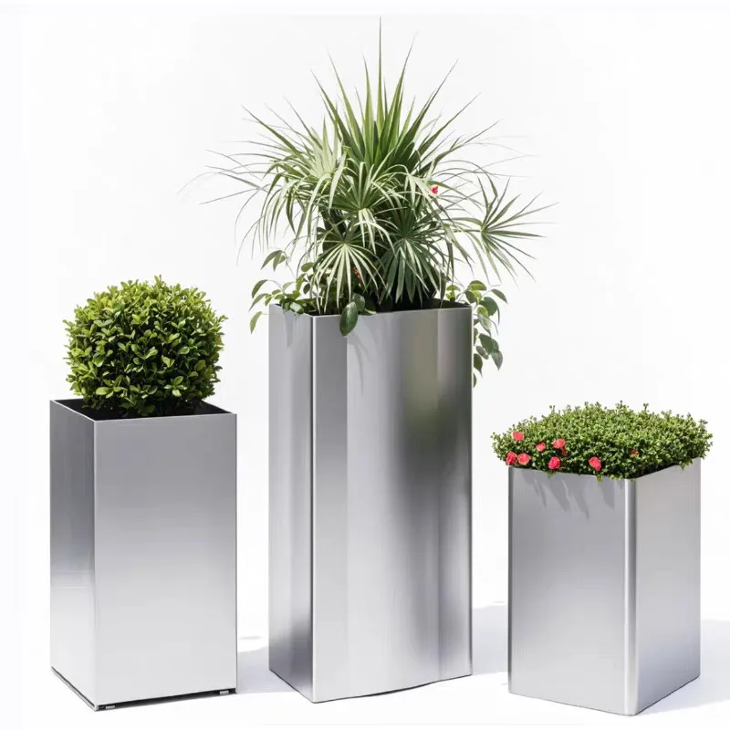 Stainless steel rectangular flower box outdoor round metal flower pot wrought iron municipal flower groove guardrail partition